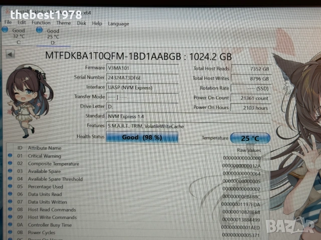 1TB 1000GB SSD NVMe Gen 4x4 Micron 2400E/MTFDKBA1T0QFM-1BD1AABGB, снимка 2 - Твърди дискове - 55273709