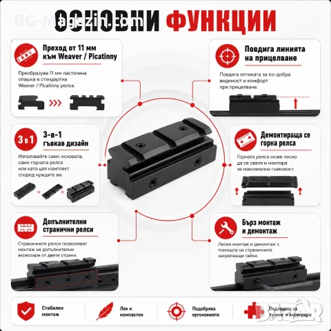 Преходна шина 11мм към 22мм Weaver Picatinny - монтаж с повдигане и релси, снимка 2 - Оборудване и аксесоари за оръжия - 54027573