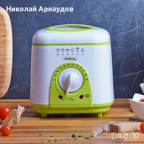 Фритюрник мини Rosberg R51980B, 1 литър, 950W, 80-190 C, Бял/зелен