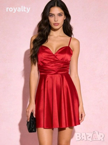 Нова Червена Къса Сатенена Дамска Рокля 