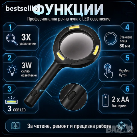 Ръчна увеличителна лупа с LED осветление 3W голямо увеличение 3X за четене офис домашна употреба , снимка 3 - Други инструменти - 22084927