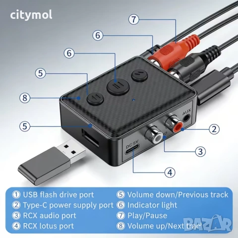Bluetooth 5.4 аудио приемник с RCA / AUX / USB, снимка 3 - Ресийвъри, усилватели, смесителни пултове - 54302577
