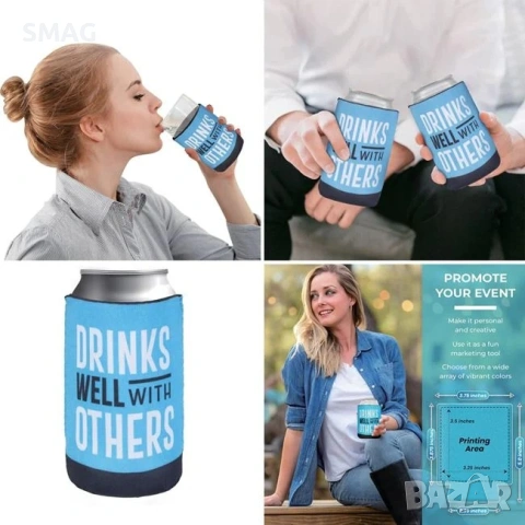 Изотермичен калъф за чаша или бутилка, син, с надпис "Drinks well with others"_1236959, снимка 3 - Хладилни чанти - 54583538