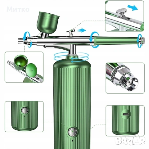 Аерограф, Bedee, 0,3 мм, зелен, 2000 mAh, безжичен