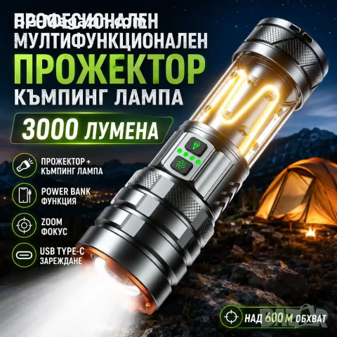 Мощен прожектор къмпинг лампа LED фенер USB зареждане за лов риболов къмпинг туризъм палатка