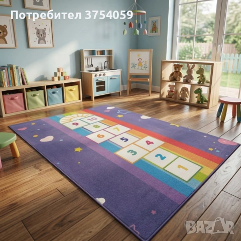 Детски килим за игра 120х160см - Тъмносин килим с облачета и дъга, противоплъзгащ и миещ се, снимка 2 - Килими - 55162690