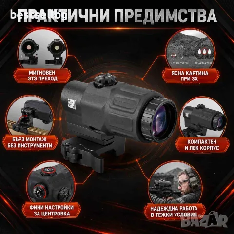 Тактически увеличител за прицел 3x увеличение STS бърз монтаж Weaver база пикатини 20mm за лов пушка, снимка 6 - Оборудване и аксесоари за оръжия - 54109940
