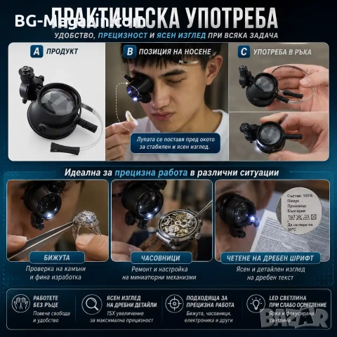 Професионална мощна увеличителна лупа глава за око с LED осветление часовникарска бижутерска лед, снимка 3 - Други инструменти - 50921213
