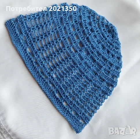 Синя, лятна, памучна шапка, плетена на 1 кука, снимка 3 - Шапки - 55501583