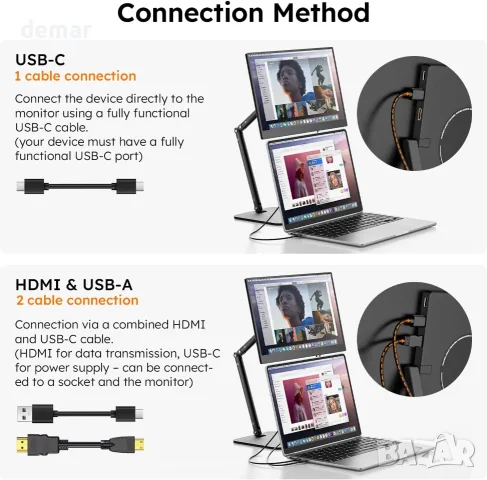 Преносим монитор 15.6" 1080P с регулируема стойка, USB-C/HDMI, снимка 4 - Монитори - 55661477