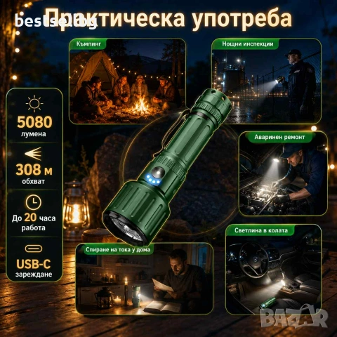 Мощен тактически акумулаторен фенер YEMAO 5080 лумена 3x KX50 LED USB-C Power Bank един бутон, снимка 3 - Къмпинг осветление - 55154537