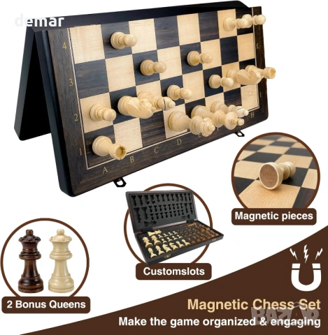 Дървен шахматен комплект магнитен – сгъваема шахматна дъска 39 см, 34 фигури, снимка 4 - Шах и табла - 54029231
