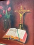 Маслена картина  Маслени бои и платно  Разтворена Библия, разпятие и съд  с червени лалета на червен, снимка 6