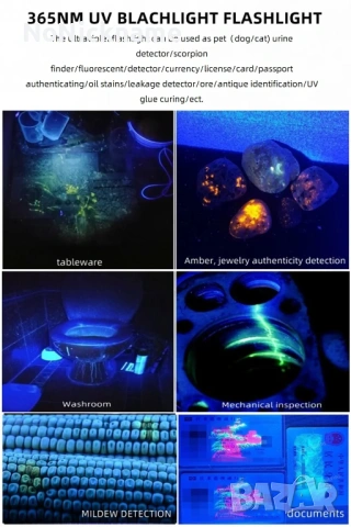 Alonefire 365nm UV Фенер акумулаторна флуоресцентна лампа за откриване на петна, течове масло, пари, снимка 15 - Лед осветление - 52662592