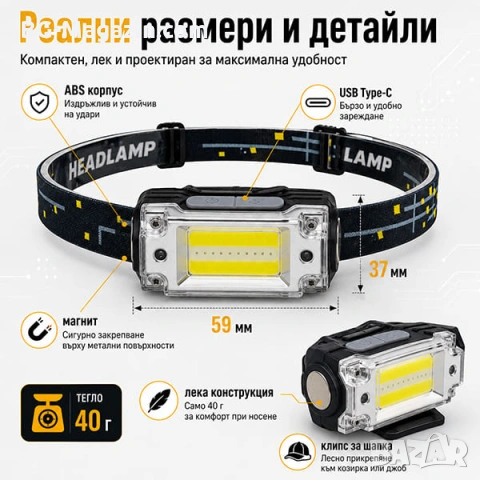 Мощен LED челник фенер за глава със сензор акумулаторен малък и компактен за бягане къмпинг риболов, снимка 4 - Къмпинг осветление - 51178953