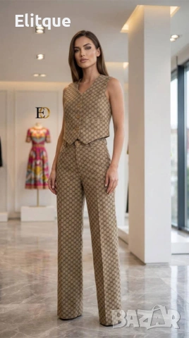 Елегантен панталон с прав силует и късо елече с монограм принт Gucci , снимка 4 - Комплекти - 54614020