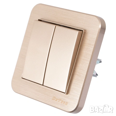 Двоен електрически ключ DeTech DE-9223-02 с рамка, 10A, 250V, IP20, за вграждане, златист