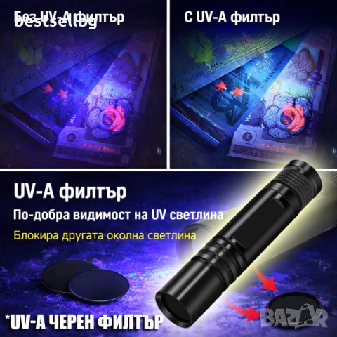 Мощен UV фенер 365nm с черен филтър ув фенерче лампа за фалшиви пари печати смола урина на батерии, снимка 5 - Друга електроника - 54366637
