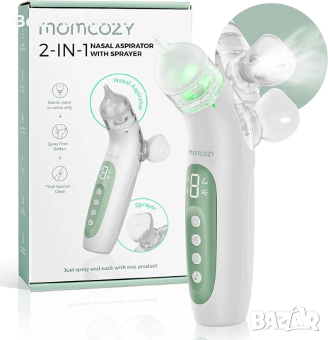 Momcozy BreezyClear™ 2-в-1 електрически назален аспиратор за бебета със спрей, 65kPa засмукване 
