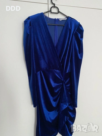 Рокля кадифе в турско синьо, снимка 2 - Рокли - 54245591