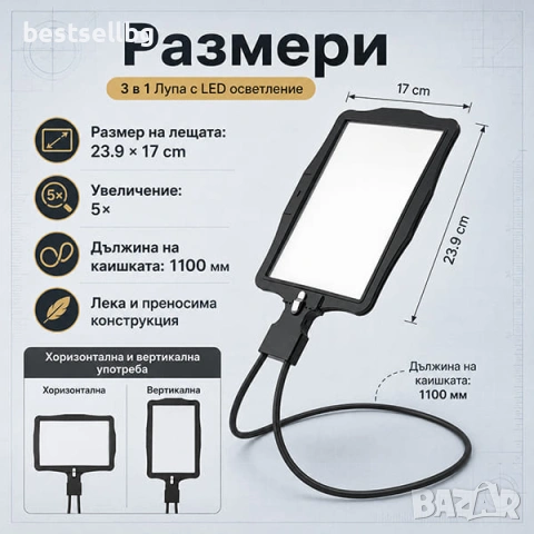 Голяма увеличителна лупа за врат с LED осветление за четене шиене бордиране гоблени USB зареждане, снимка 4 - Други инструменти - 53090715