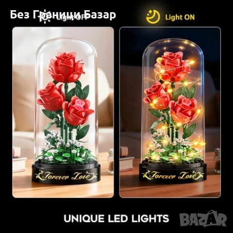 Нов букет Мини конструктор червени рози с LED светлина 219 части подарък за жена, снимка 3 - Изкуствени цветя - 54353847