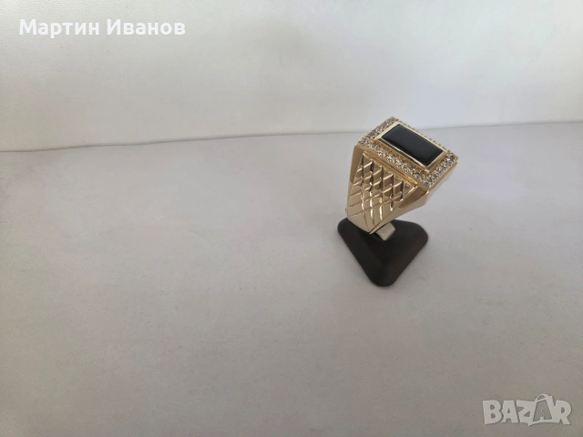 Златен мъжки пръстен с черен оникс, снимка 4 - Пръстени - 54572489