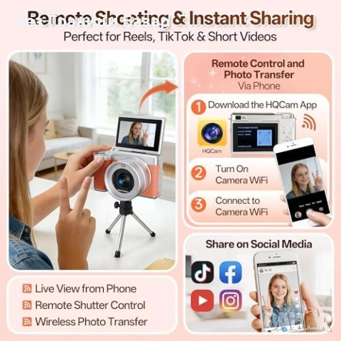 Нов 5K цифров фотоапарат WiFi 180° екран 18X zoom 64GB карта камера за начинаещи, снимка 5 - Фотоапарати - 54354125