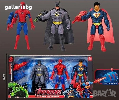 Комплект фигурки в стил Spider-Man, Batman и Superman – 3 броя с launcher