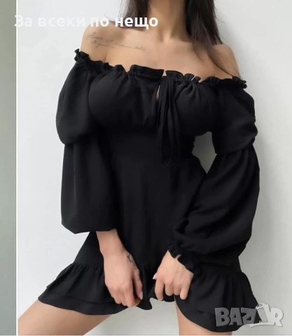 Дамска Елегантна Къса Лятна Рокля С Паднали Рамене С Дълги Буфан Ръкави - 2 Цвята Код Верона7, снимка 2 - Рокли - 54002728