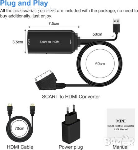 SCART към HDMI конвертор 1080P – адаптер с HDMI, SCART и USB кабели за TV, DVD, PS2, VHS и Xbox, снимка 3 - Друга електроника - 54494402