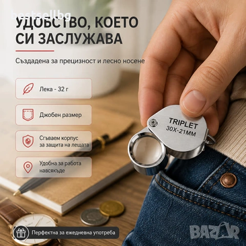 Сгъваема джобна лупа TRIPLET 30X за бижута злато монети камъни и диаманти, снимка 5 - Други инструменти - 13126241