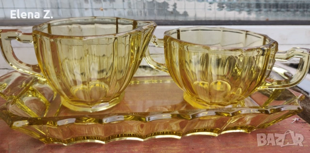 Винтидж сет кехлибарено жълто стъкло САЩ 30-те, снимка 11 - Антикварни и старинни предмети - 54076558