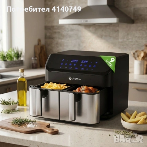 Фритюрник с горещ въздух XXL 9L, 2 камери, 8 програми, Двойно готвене & Синхронизиран финал 