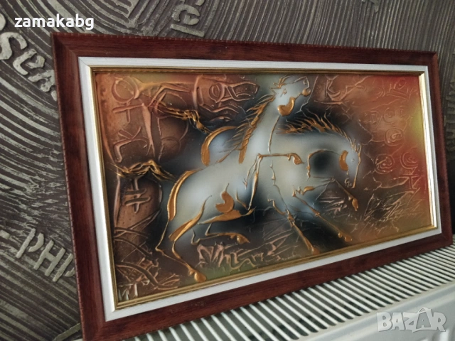 Авторска Картина Двойка Коне, 20x40 см (без рамката), Теника Смесена, Пластмасова рамка, Иван Тодоро, снимка 3 - Картини - 54043487