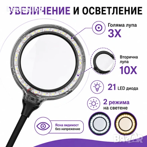 Голяма мощна настолна лупа с лед осветление за четене шиене бродиране, снимка 3 - Други инструменти - 42639072
