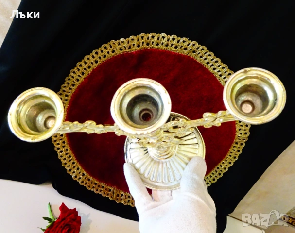 Позлатен калаен свещник тройка,троен свещник,печат. , снимка 6 - Антикварни и старинни предмети - 54973840