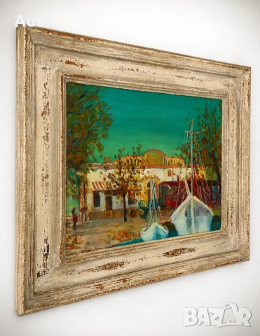 Маслена картина Michèle Catala (1921–1951) – „Пристанище край Валенсия“, 1948 г., снимка 3 - Картини - 55015090