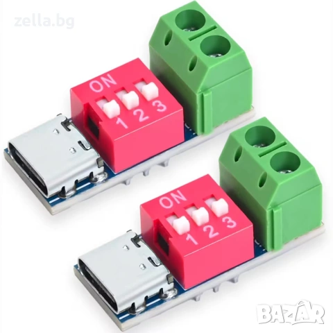 Комплект от 2 броя USB Type-C PD QC 100W тригер модула с DIP превключвател – 5V–20V 10471