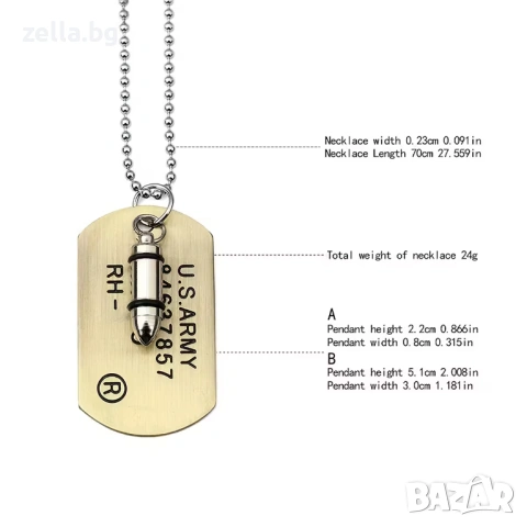 Мъжки военен комплект Dog Tag с жетон и висулка куршум – Неръждаема стомана 10215, снимка 8 - Тениски - 54660969