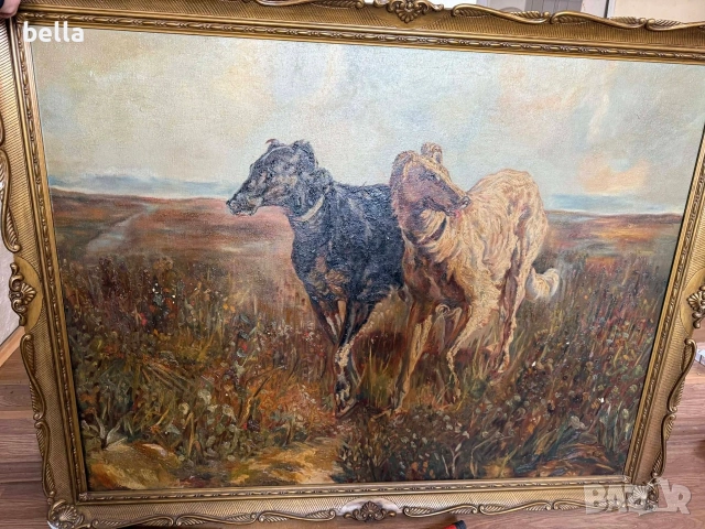 Старинно маслено платно "Руски борзои" – Музеен размер (140х110 см), снимка 3 - Антикварни и старинни предмети - 54930002
