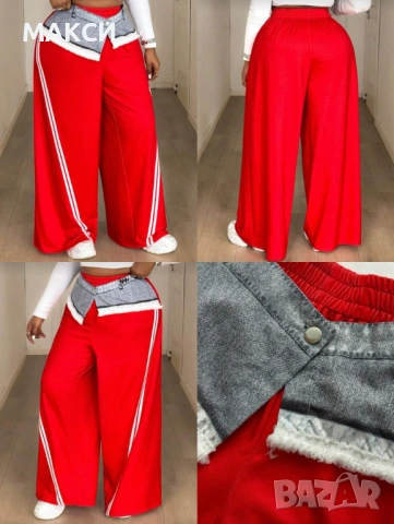 Макси атрактивен еластичен панталон с висока и широка ластична талия, широки крачоли и ефектна платк