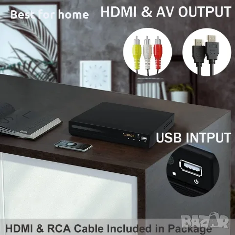 Tojock HDMI AV HD TV DVD плейър Коаксиален изход AV кабел USB вход Без регионално кодиране, снимка 3 - Плейъри, домашно кино, прожектори - 55340710