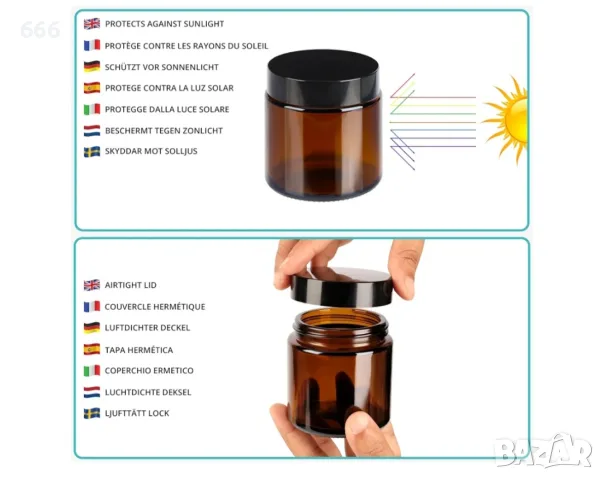 8 броя кръгли кехлибарени стъклени буркани с черни капачки 120ml, снимка 4 - Други стоки за дома - 55463421