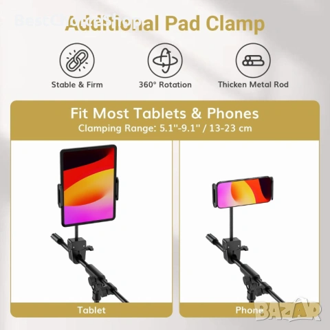 Стойка за микрофон TONOR с държач за таблет, статив за пода, регулируема височина и ъгъл, снимка 7 - Микрофони - 54184514