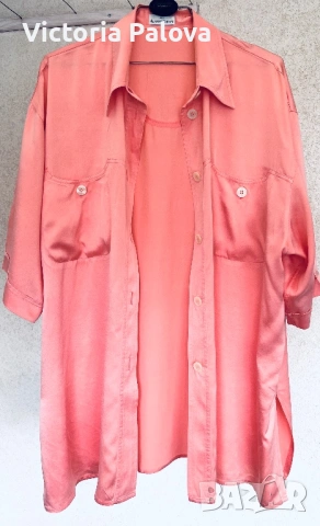 Alberto Fabiani 100% коприна – luxury oversized риза в цвят Peach Amber Италия, снимка 2 - Ризи - 54725647