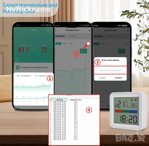 Smart Life, Tuya WiFi смарт сензор за температура и влажност с подсветка хигрометър термометър TH08B, снимка 13 - Друга електроника - 54596166