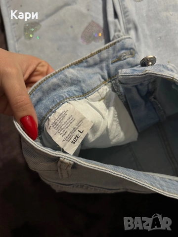 Дамски дънки с широк крачол и камъчета сърца, снимка 5 - Панталони - 54117119