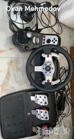 Кормило с педали Logitech G25 и скоростен лост + симулатор за каране на самолет.