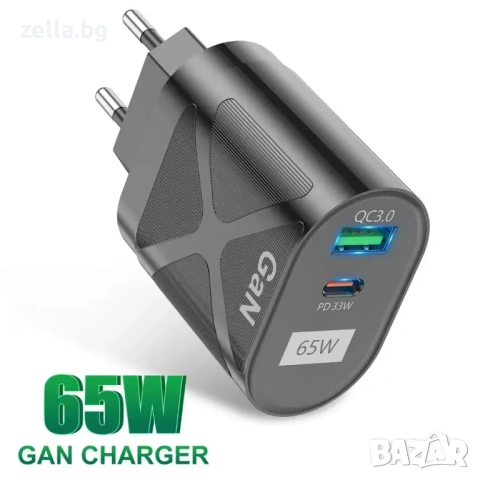 65W GaN зарядно устройство USB-C PD & USB-A QC 3.0 – Бързо зареждане за iPhone, Samsung 10326, снимка 5 - Друга електроника - 54672266
